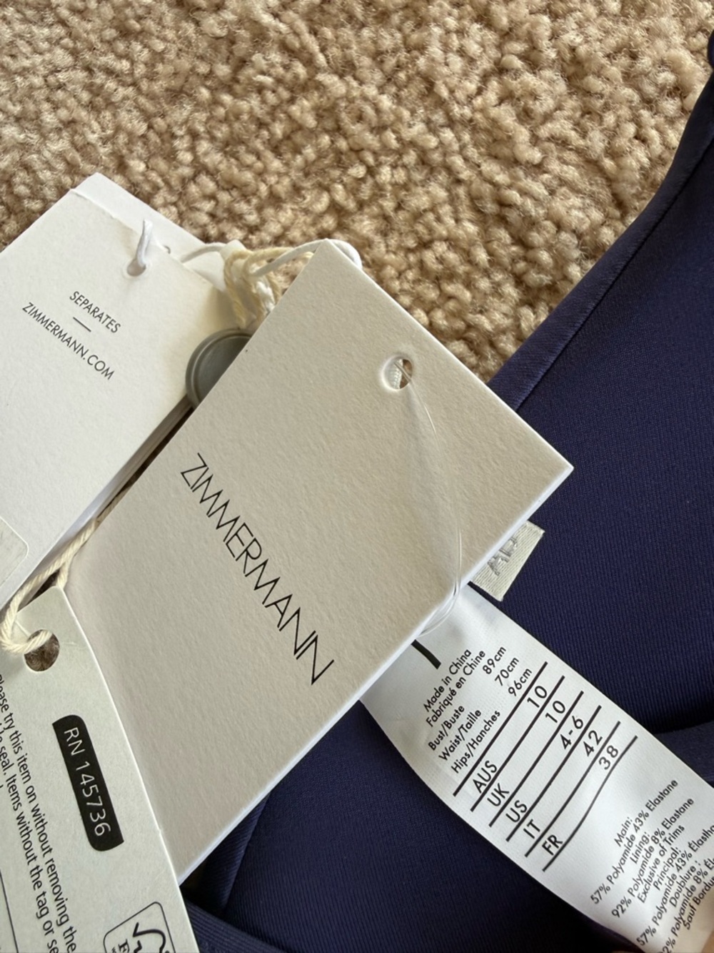 Zimmermann Bikini Top Size 1AB Navy/  Purple Structured Triangle Designer Swim - Picture 5 of 7
